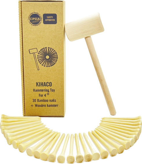 Hammering and Pounding Toys for Kids, 1 Wood Hammer and 30 Bamboo Nails for Fine Motor Skills