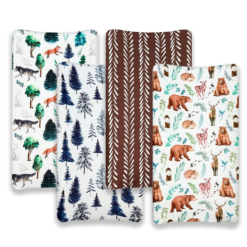 Jola's House 4 Pack Set Changing Pad Covers Woodland Forest Animals Wood Neutral Unisex Fitted Baby Changing Pad Cover