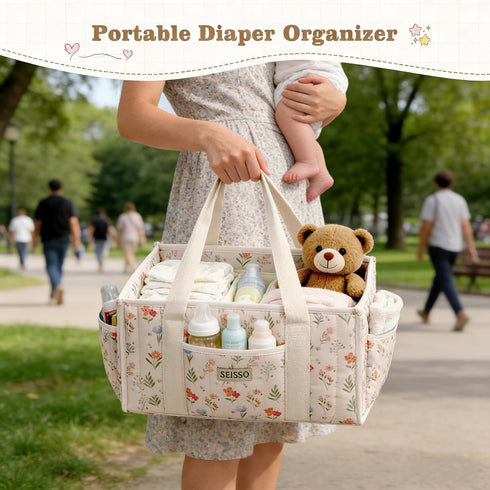 SEISSO Diaper Caddy Organizer with Handle, Portable Baby Gift Basket, Floral Diaper Organizer Nursery Storage Bag