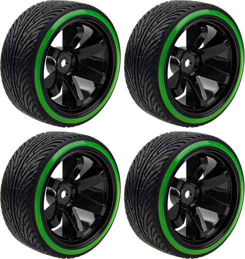 1/10 RC Drift Car Tires 12mm Hex Hub Wheel Rims & Hard Plastic Tyre 6 Spoke Compatible with Traxxas HSP Tamiya Kyosho