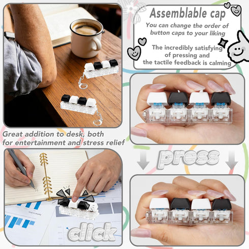 ZoxiLume 2 4-in-1 PCS Keyboard Fidget Toy Keychain, Finger Clicky Button Toy Stress Relief Keychain with Swappable