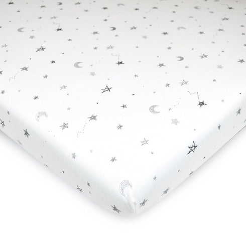 American Baby Company 100% Natural Cotton Fitted Pack and Play Sheet, 39" x 27", Grey Stars and Moons for Boys & Girls