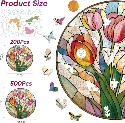 200 5MM 11.2 11.2inch MYS AUR Puzzles for Adults, Tulip Stained Glass Wooden Puzzles Pieces, Thick Unique Shaped Flower