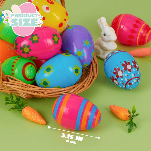 3.15Inch Favor-18 JOYIN Printed Plastic Eggs Colorful, Fillable Empty Eggs Bulks for Easter Hunt Event, Party pcs
