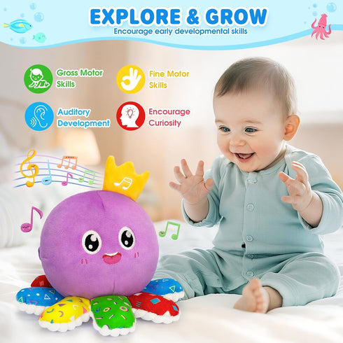6-12 Tummy 6-18 IJIGU Baby Toys Months, Infant Musical Crawling Octopus Plush Toy, Interactive Time Sensory Toy