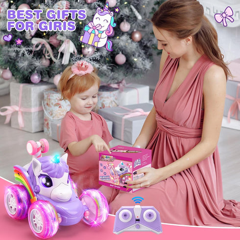 360Rotating 4WD 2.4GHz 3 4 5 6+ Unicorn Remote Control Car for Girls, Stunt RC Cars for Boys with Lights, Rechargeable