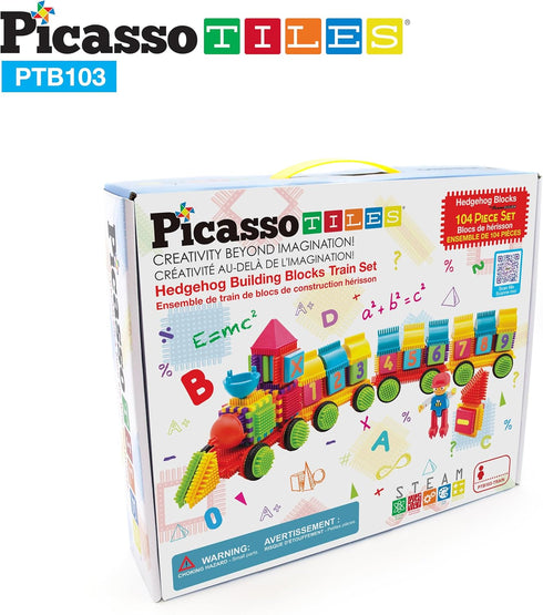 Picasso Toys PTB103 Alphabet & Numerical Train, 103pc Hedgehog Block Shape Building Tiles Set for Learning