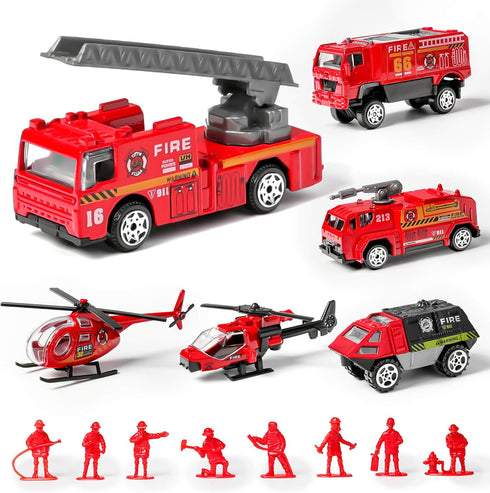 14 Pack Die-cast Fire Truck Vehicles Sets, 6 Pack Alloy Metal Fire Engine Models and 8 Pack Firefighter Playset