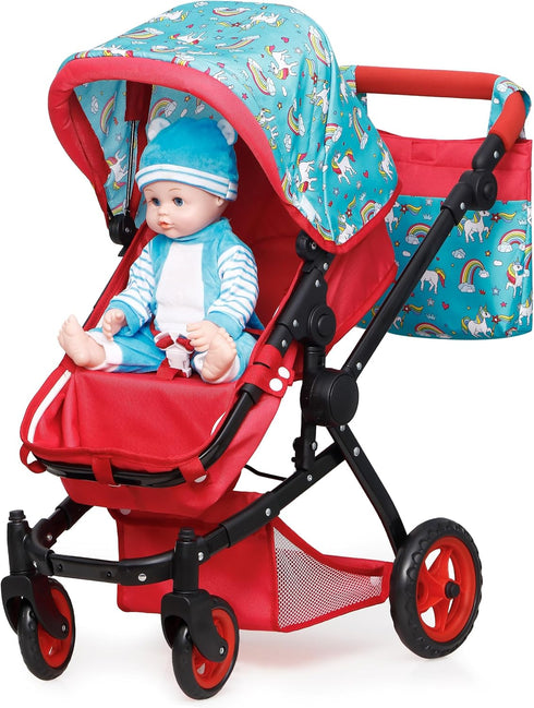 2023 New - Fash n kolor Baby Doll Stroller, Foldable Pram for Baby Doll - Cute Unicorn Design Doll Toy Stroller