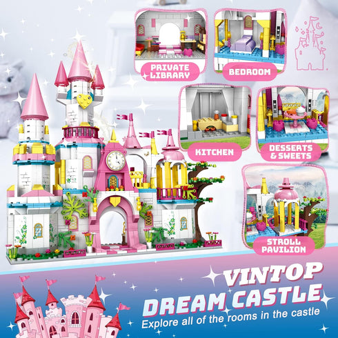 Castle STEM Building Toys for Girls Ages 6-12, VINTOP 1000PCS Pink Princess Castle Carriage Playsets