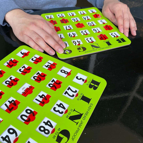 10 Pack MR CHIPS Jam-Proof Easy-Read Large Print Fingertip Bingo Cards with Sliding Windows in Green Style