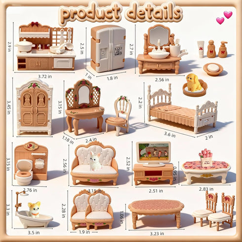 BRAITEN Set, 38 3+ Dollhouse Furniture Pcs Miniature Doll House Accessories with Dogs and Cat Kitchen Bedroom Living