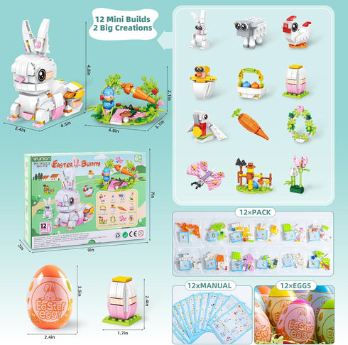 WuNian 12 Packs Sets 12 2 6+ Prefilled Easter Eggs with Bunny Building Blocks in Easter Basket Stuffers Building Toys