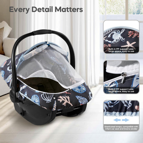 2-in-1 Summer Baby Car Seat Cover, Breathable Carseat Shade Protection & Mosquito Net, Dustproof Privacy Lightweight