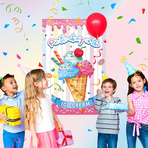 WNSIRVY 21'' 28'' 30 Pin The Cherry on The Ice Cream Game x Large Ice Cream Party Games Poster with Pcs Cherry Stickers