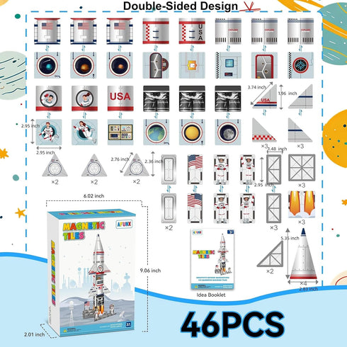 Set,46 3+, AFUNX Magnetic Tiles Space Rocket PCS Magnetic Building Blocks for Kids STEM Learning Toys, Safe & Durable