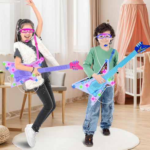 KAYOMIPE Set Guitar and Microphone Play with Glasses,Music Toys with Music&Light,Kids Karaoke Machine,Music Instruments
