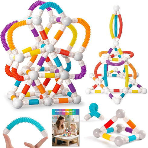 ROUSKY Set, 66 (66PCS) Magnetic Building Blocks Construction Pieces, Educational STEM Toy with Flexible Tubes