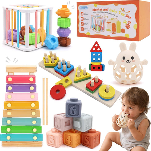FlufiFiea Baby Toys for 6-18 Months, 5-in-1 Montessori Educational Toy Set with Soft