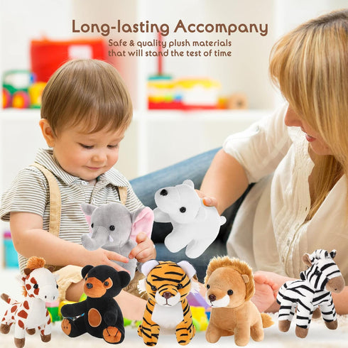 7 Pieces Jungle Stuffed Animal Set: Plush Giraffe, Tiger, Lion, Bear, Elephant, Zebra - 4.72 Inches for Parties & Awards