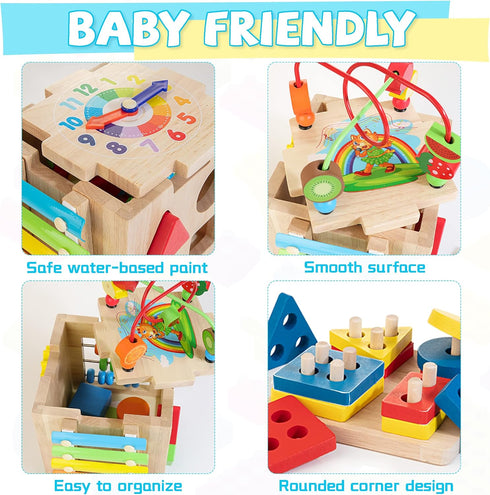 8-in-1 18 Set Bravmate Wooden Activity Cube, Wooden Montessori Learning Toys for M+ Toddlers, One Year Old First