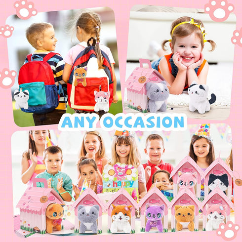 12 Set HAPGFS Pcs Mini Plush Kitty Stuffed Cats, Cat Party Favors with Keychain Gift Toys with Carton House, Kids