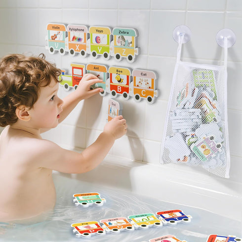iPlay, iLearn Bath Toy Organizer W/Foam Letters, Toddler Bathtub Toy W/Storage Net,