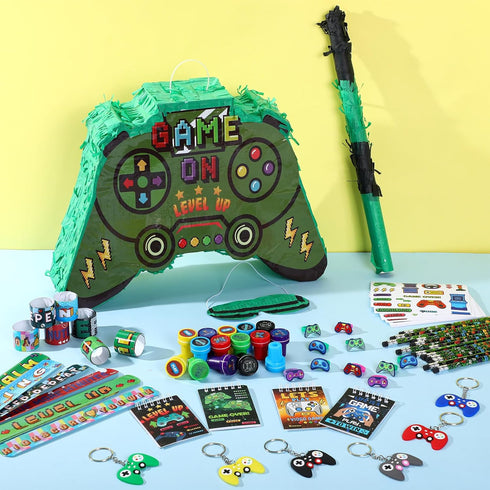Spakon 113 Pcs Video Game Piñata Set - Birthday Party Supplies with Mini Notebooks, Pens, Keychains, and More