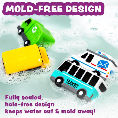 6 Pack Tub Works Vehicles Bath Cars Mold Free Bath Toys, | Sealed, No Hole Bath Toys Design Keeps Moisture Out | Soft