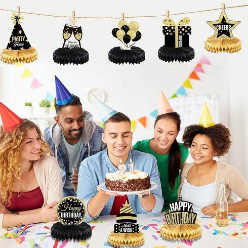 8 Pieces Happy Birthday Party Decorations Supplies, Birthday Honeycomb Centerpieces Table Toppers, Black and Gold