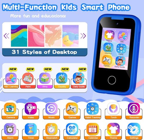 3 4 5 6 7 8 9 10 3-8(Blue) Kids Phone Birthday Gifts Toy for Year Old Girls Boy,Toddler Kid Smart Phone with Dinosaur