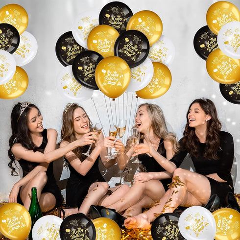 45 Pieces 12 Inch Happy Birthday Balloons, Black Gold White Latex Balloons for Birthday Anniversary Party Decoration