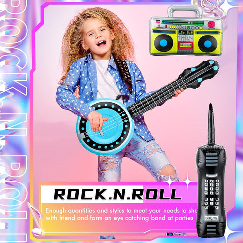 12 Pieces Inflatable Instruments Party Props Set, Rock Star Toy Blow Up Guitars, Saxophone, Bass, Microphones for 80s