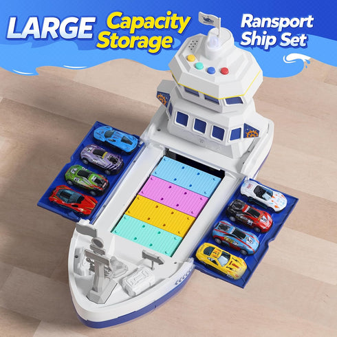 Playset CUTE STONE Cargo Ship Toy & Gantry Crane, Toy Boat and Crane with Sounds & Lights, Transport Containers, Push