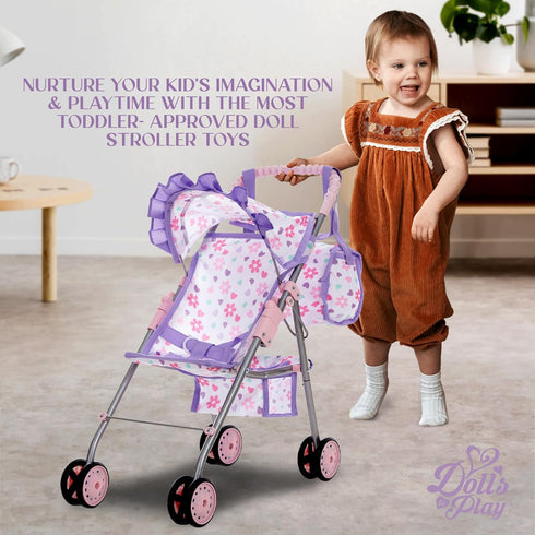 Dolls To Play Baby Doll Stroller for Girls, Toddler Play Toy Doll Buggy Carriage Foldable with Canopy Storage Basket