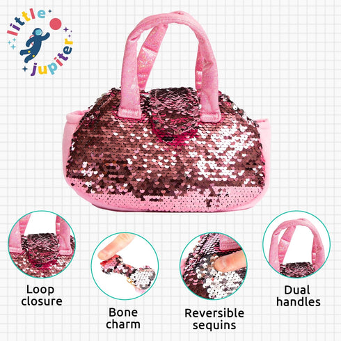 Little Jupiter Pet Plush Set with Purse, Reversible Sequins & Charm - Stuffed Animal Toy for Kids Ages 4-7 (White