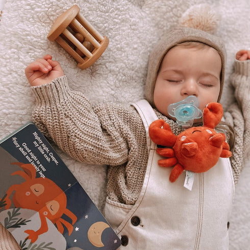 PaciBuddy Crab Pacifier Holder - Plush Toy with Detachable Pacifier, Universal Adapter for 0+ Months