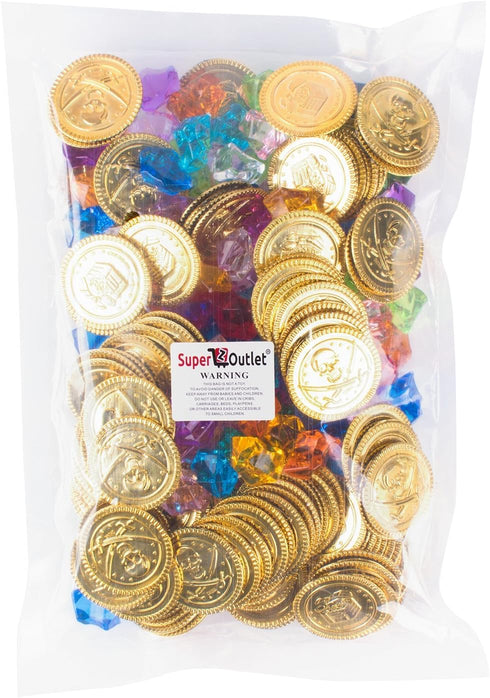 Super Z Outlet Pirate Plastic Gold Coins & Gems, 120 Coins + 120 Gems, Party Favor Decorations