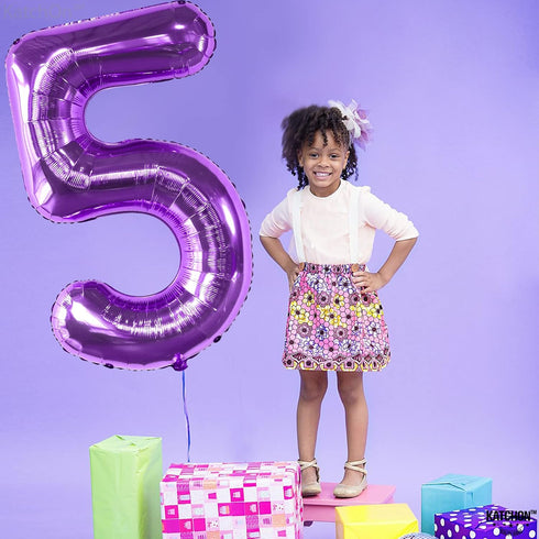 KatchOn Giant Purple 5 Balloon Number - 40 Inch Mylar Purple Number 5 Balloon for Birthday Decorations