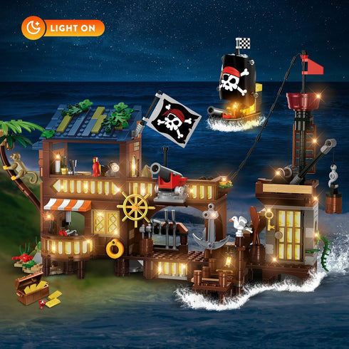 Set 3 Set, 781PCS 6-12+ HOGOKIDS Pirate Ship House Building with LED Light - Style Modes Pirate Wharf Supply Center