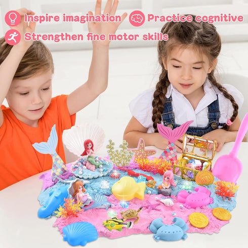 3.3lb 3-8 Volmop Sensory Bin for Girl, Play Sand Art Kit with Sandbox, Color Sand, Mermaid Tactile Sensory, Christmas