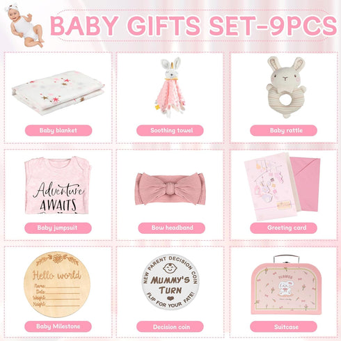 Set Set Shower Gifts Basket Gift for Newborns New Born Gift Pink Gift Basket with Rattle Swaddle Blanket Decision Coin