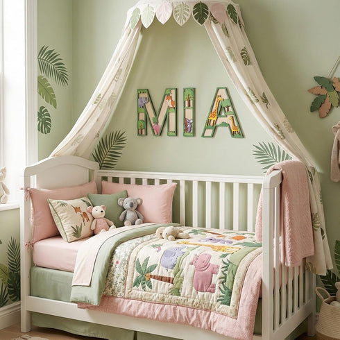 Wepagview 3D 11.8" Layered Safari Nursery Wooden Letters for Wall Decor, Green Large Baby Name Sign for Nursery, Animal