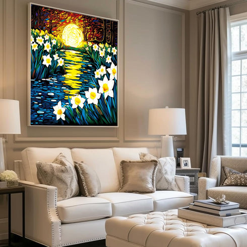 Bgraamiens 1000 Pieces Puzzle - Moonlight Daffodils - Square Stained Glass Art Puzzle for Adults and Kids