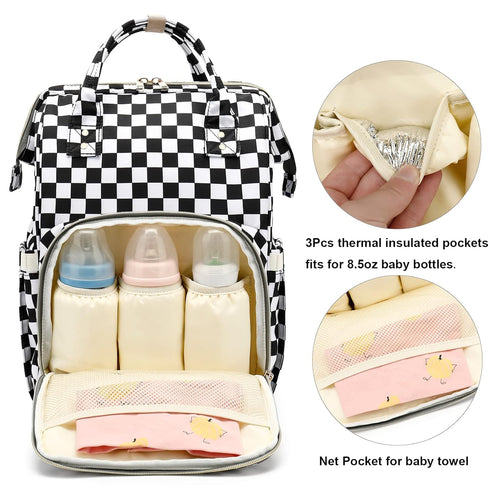 Yusudan Backpack Checkered Diaper Bag for Baby Girls, Mom Waterproof Large Nappy Bags for Women