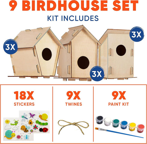 9 DIY Bird House Kits for Children to Build, Unfinished Wood Birdhouses for Kids to Paint