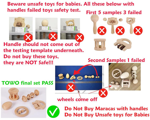 6 TOWO Wooden Rattles Maracas Baby Toys Months-Organic Eco Toys for Infant Grasping Teething Natural Tether Musical