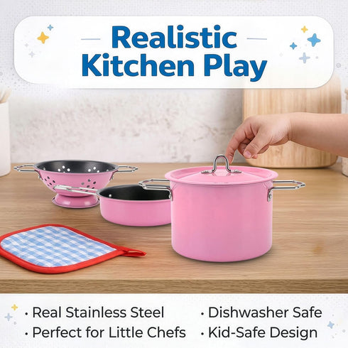 Set, 11 Set Kids Stainless Steel Play Kitchen Piece Pretend Play Pots and Pans Toy Cookware with Utensils & Pot Holder