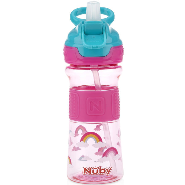 Nuby Thirsty Kids Push Button Flip-it Soft Spout Water Bottle, Easy Grip Band, Pink Rainbows, 12 Ounce