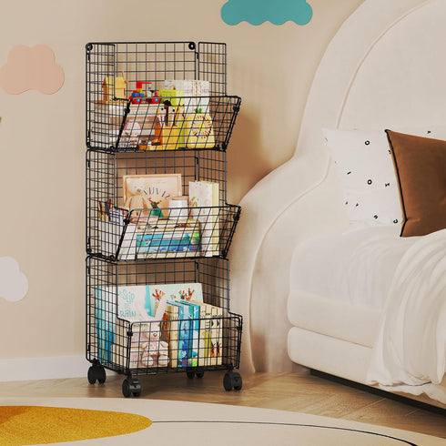 3 Tier Rolling Toy Organizer Basket with Wheels, S-Hooks, Adjustable Chalkboards - Toy Storage Cart for Kids Room